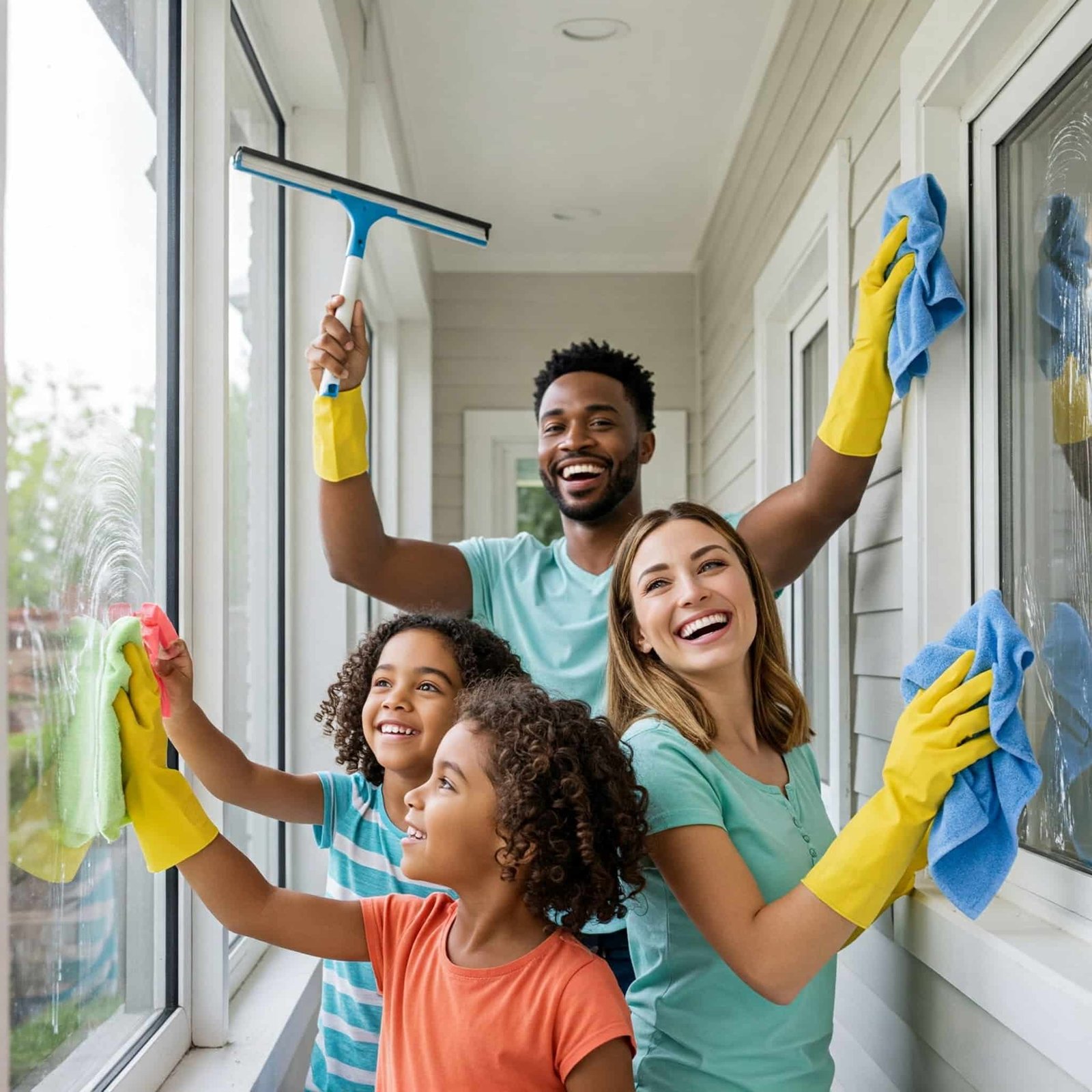 Familia manteniendo sus ventanas
